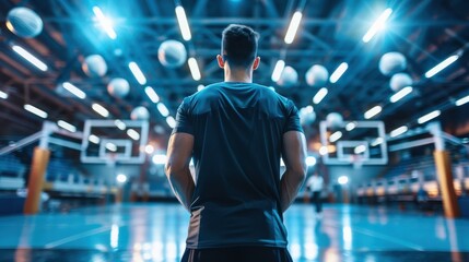Back view of basketball player before game in modern gym with multiple hoops and vibrant lighting.
