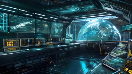 31. A sci-fi AI control center with holographic screens and advanced technology