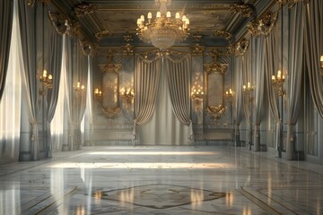 Naklejka premium An empty ballroom, with a marble floor, crystal chandeliers above, and luxurious draped curtains. 