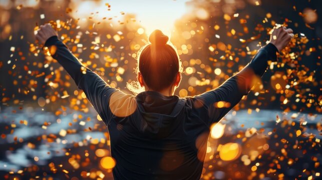 Woman celebrating success outdoors with arms raised in a burst of golden confetti, enjoying a beautiful sunrise or sunset.
