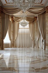 An empty ballroom, with a marble floor, crystal chandeliers above, and luxurious draped curtains. 