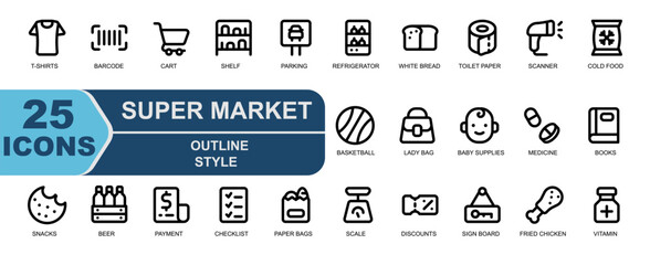 simple outline style super market icon set. Contains icons for e-commerce,shopping,cold food,sport,basketball,wallet,lady bag,baby supplies,medicine,books.