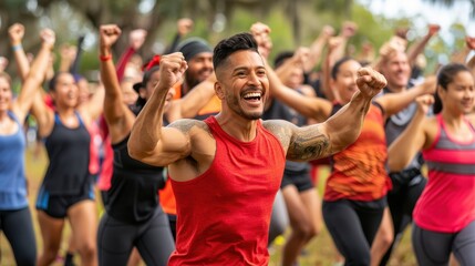 A large group of enthusiastic people participating in an outdoor fitness class, all smiling and enjoying a dynamic group workout on a sunny day.