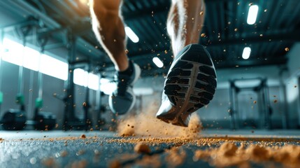 Close-up shot of an athlete running indoors on a track, capturing the dynamic motion and intensity with flying dust particles.