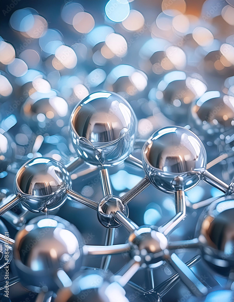 Poster metallic orbs connected in a lattice structure, reflecting light