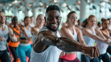 Energetic fitness class with a diverse group of people engaged in an intense workout session, smiling and enjoying the activity.