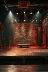 Obraz premium An empty stage in a jazz club, with a small wooden platform, dark brick walls, and a few spotlights creating an intimate atmosphere. 