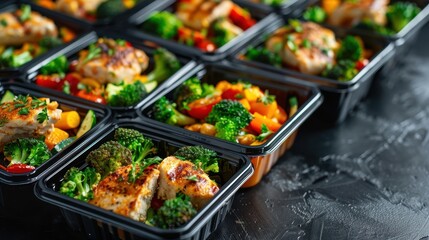 Fototapeta premium Healthy meal prep containers with grilled chicken, broccoli, and mixed vegetables on a dark table background ready for storage or consumption.