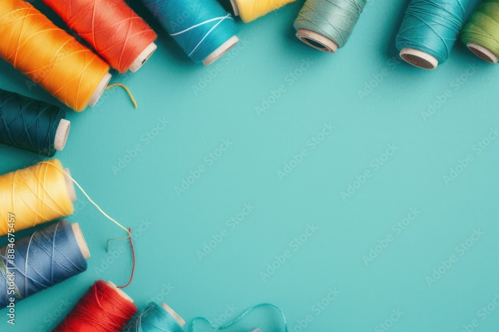 Aufkleber Close-up shot of multiple thread spools arranged neatly on a blue background, suitable for use in crafting or sewing-related images