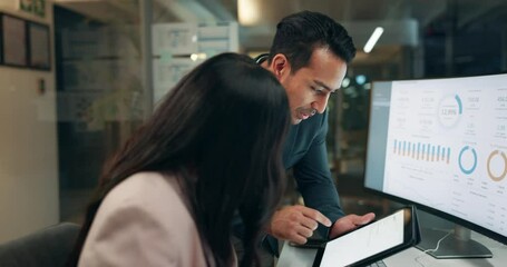 Teamwork, tablet and business people on computer with statistics for planning, collaboration and advice. Corporate, finance company and man and woman with research, graph and financial analysis - Powered by Adobe