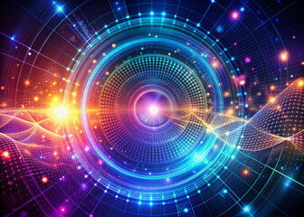 Obraz premium Vibrant futuristic digital backdrop featuring swirling gradient dots, lines, and grids, evoking AI, big data, and music HUD concepts in a mesmerizing sci-fi UI design.