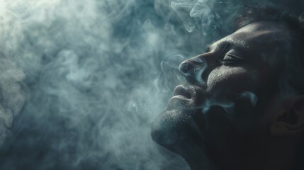 Fototapeta premium A person holding a lit cigarette, exhaling smoke