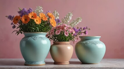Three Vases with Flowers on a Table.