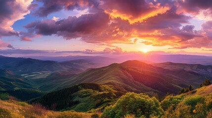 Beautiful sunset on the mountain Landscape with colorful valleys and clouds. Aerial view.