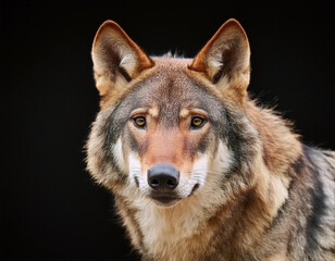 Fototapeta premium A solitary wolf with amber eyes and a reddish-brown coat gazes intently against a black background
