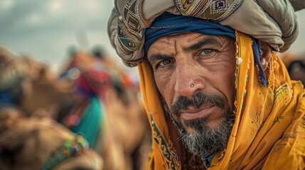 Obraz premium Photograph of a Berber man wearing traditional Tuareg clothing in a camel market.