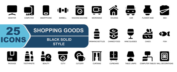 25 shopping goods icons.solid black style.contains computer,electronics,vehicle,flower vase,mattresses,blankets,package,delivery,toothpaste,toothbrush,dental care.
