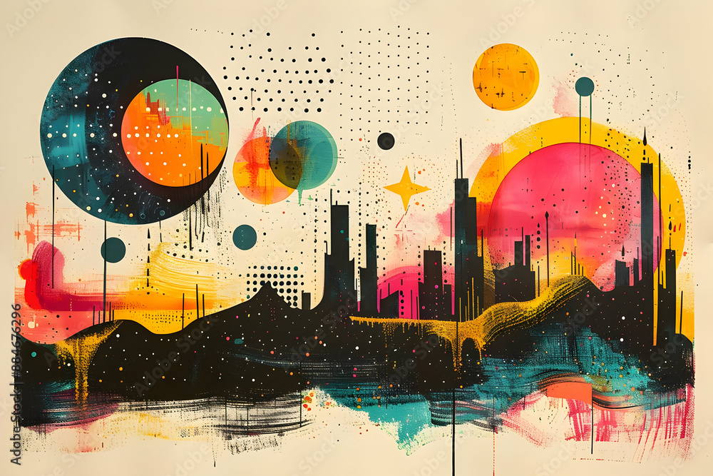 Canvas Prints Abstract Cityscape Illustration with Colorful Shapes and Dots