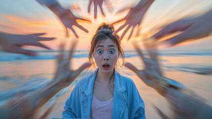 A shocked woman in a blue jacket looking at a laptop, surrounded by multiple hands making peace signs, blurred beach background with soft sunset light