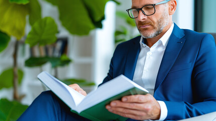 a lawyer carefully studying new laws, big book