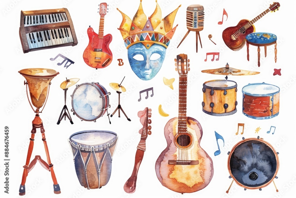 Poster a beautiful watercolor painting featuring a collection of different musical instruments, great for u