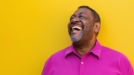 Obraz premium Cheerful plus-size chubby gay black man, on yellow background