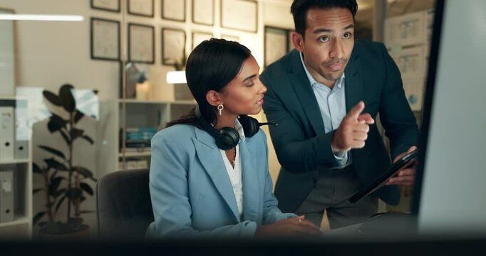 Business people, consultant and coach with tablet at night in call center for help, results or tips at office. Woman, agent or employee working late with headphones and colleague for customer service