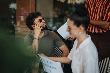 Colleagues engaging in a business meeting in a coffee shop, discussing documents and brainstorming ideas.