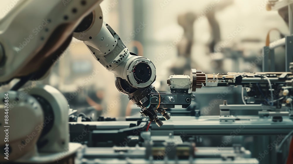 Poster 13. an ai-driven robotic arm assembling intricate machinery in a factory