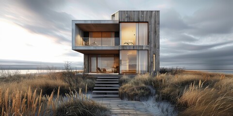 Panoramic Modern luxury house with glass and cement