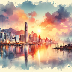 Fototapeta premium Watercolor cityscape at sunset, skyscrapers reflecting in river