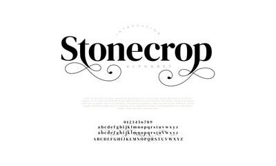 Stoecrop premium luxury elegant alphabet letters and numbers. Vintage wedding typography classic serif font decorative vintage retro. creative vector illustration