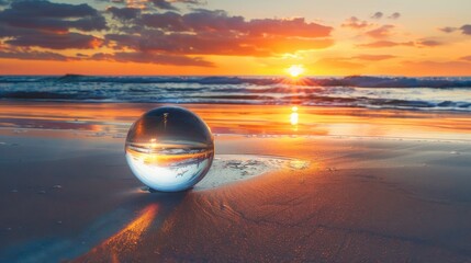 Obraz premium in the crystal ball,A tranquil beach at sunset, with golden sand and gentle waves lapping the shore, background white.