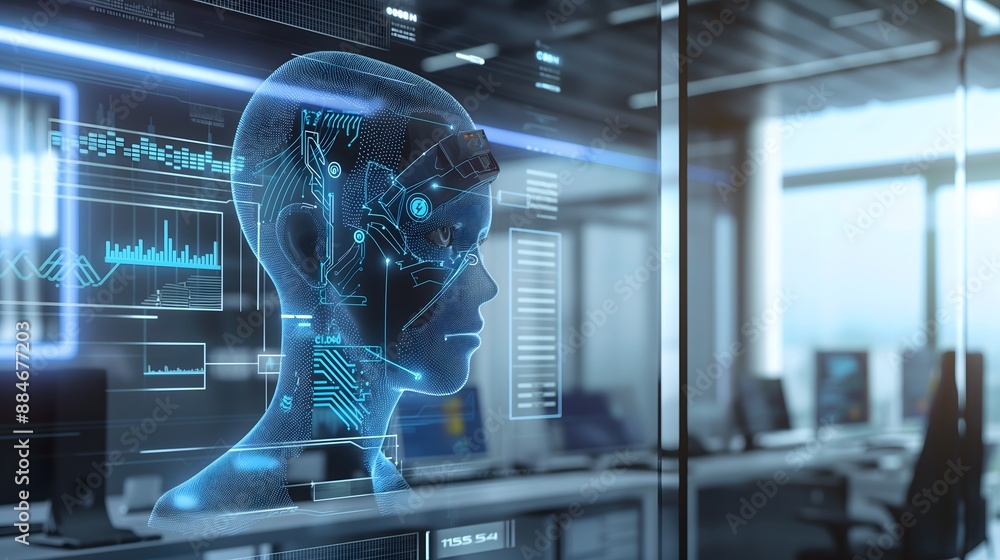 Poster 23. a sleek ai interface with a virtual assistant in a modern office
