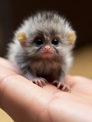 Adorable infant pygmy marmoset perches on a human hand