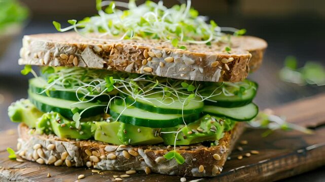 A refreshing cucumber and avocado sandwich garnished with sprouts and served on whole grain bread served as the main course for a vegan picnic.