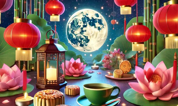 Mid-Autumn Festival with red lanterns, lotus flowers, mooncakes, and tea set against a full moon night