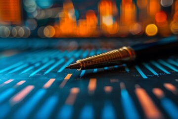  Economy and finance background with money coins , pen and stocks market graphs in blurry backdrop 