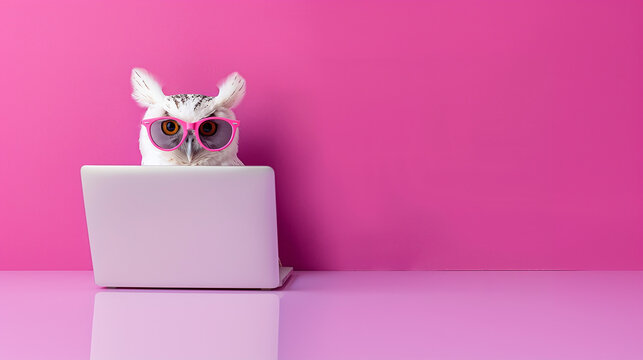 a modern owl wearing reading glasses using laptop, on pink background, education and knowledge symbol