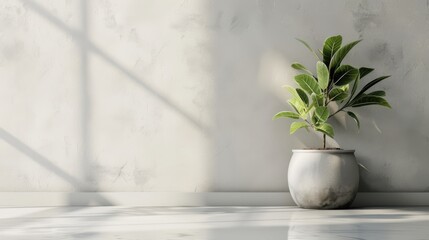 Elegant white wall with a green plant in a ceramic pot, creating a serene and clean background.