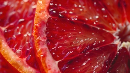 Fresh juicy red blood orange fruit slice closeup macro view with texture