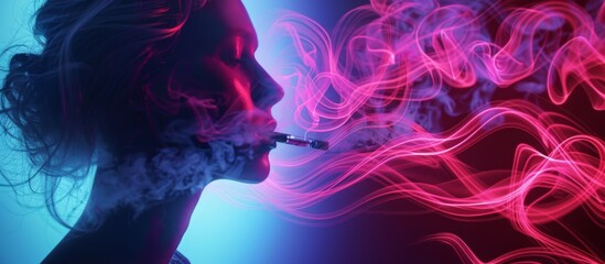 Fototapeta premium A woman is smoking a cigarette and the smoke is pink