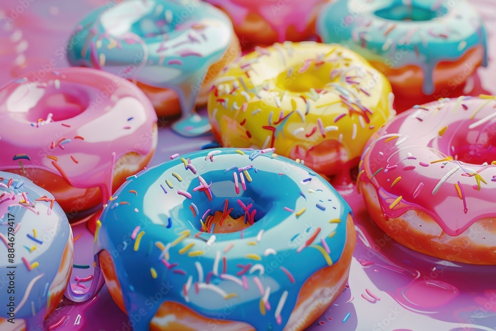 Aufkleber assorted donut selection with vibrant icing and colorful sprinkles on a reflective surface