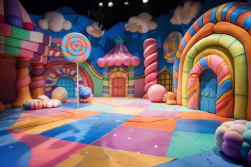 An empty stage set in a whimsical candy land, with a floor made of candy tiles, giant lollipops and gumdrops as props, and a colorful, sugary backdrop