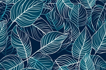 Abstract Teal and White Leaves Pattern.