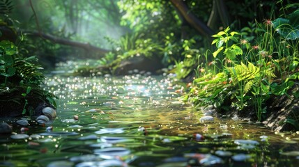 A stream of water with a lot of plants and rocks in the background