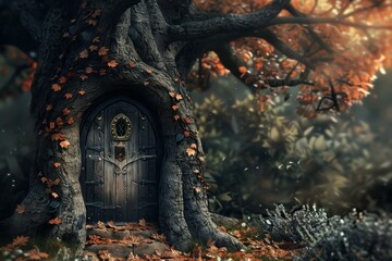 Fototapeta premium The enchanted forest doorway, a mystical entrance to a magical world of ancient trees, mysterious pathways, and fairy tale charm