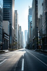 Obraz premium An empty street in the center of the frame, surrounded by skyscraper buildings