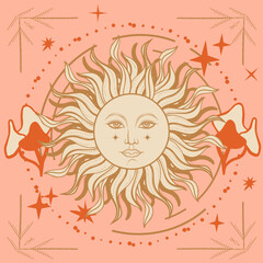 Groovy Alchemy poster with Sun and Mushrooms. 60s hippie background.