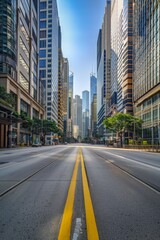 An empty street in the center of the frame, surrounded by skyscraper buildings